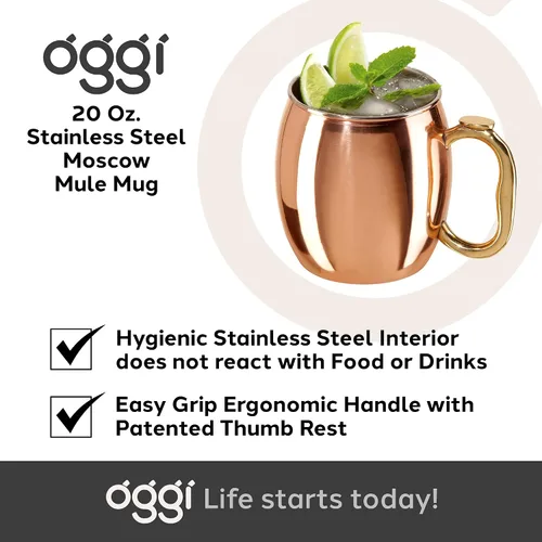 Vista 7 de Oggi Taza Moscow Mule de acero inoxidable - 20 oz, chapado en cobre con mango EZ-grip