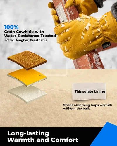 Vista 2 de Toolant Guantes de trabajo de invierno para hombre, de cuero aislado con resistencia al agua y protección contra abrasión para clima frío