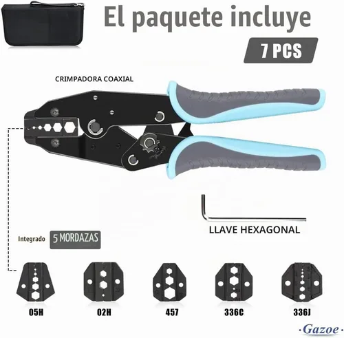 Vista 2 de Juego de herramientas de crimpado de trinquete coaxial para conector coaxial RF de cable RG con 5 mandíbulas intercambiables
