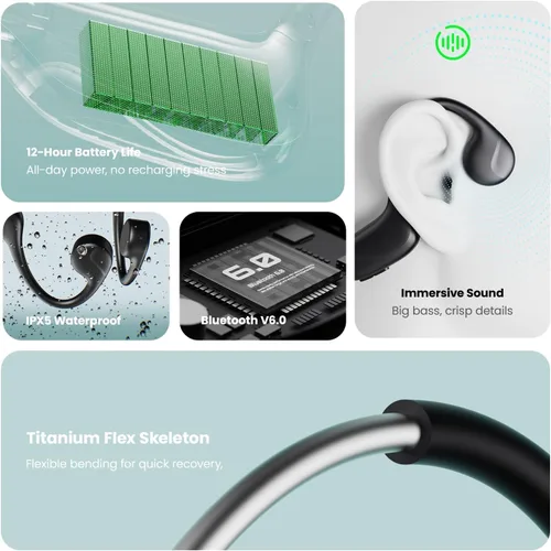 Vista 8 de Auriculares de conducción ósea,Auriculares Bluetooth V6.0 con micrófono,Auriculares de conducción ósea