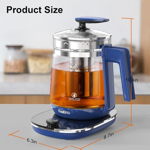Vista 9 de Hervidor eléctrico, 1.5 L, vidrio borosilicato, hervidor de agua caliente eléctrico y tetera para café o té, sin BPA, apagado automático, acero Azul