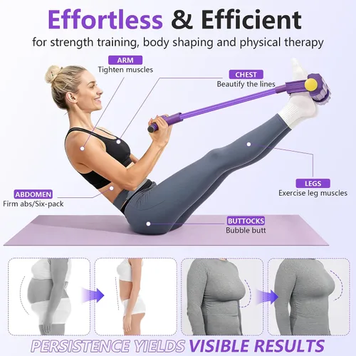 Vista 2 de Pedal Resistance Band with Handle, 6-Tube Natural Rubber Exercise Bands Upgraded Foot Pedal Resistance Bands for Working Out, Multifunction Púrpura