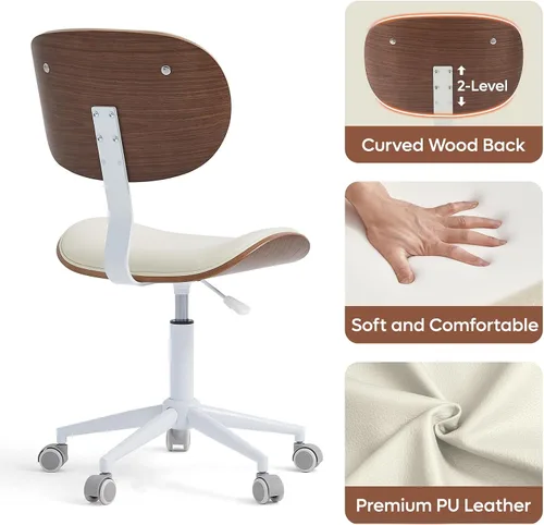 Vista 5 de Bestier Silla de oficina en casa con soporte de respaldo de madera curvada, silla de escritorio sin brazos con giro de 360°, silla de computadora