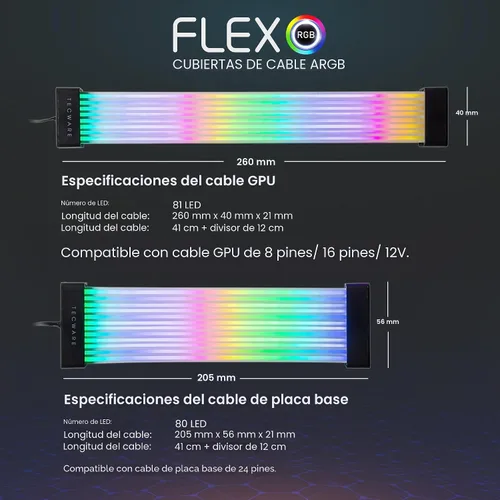 Vista 5 de TECWARE Kit de cubierta de cable RGB Flex Compatible con placa base de 24 pines y GPU de 8 pines/16 pines Extensión de cable PSU ARGB