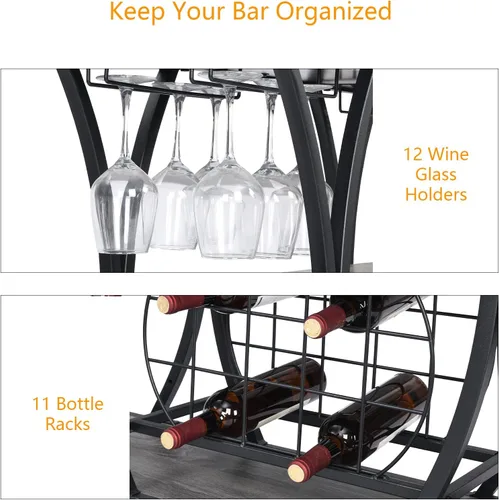 Vista 3 de KIVENJAJA Carrito de bar industrial, carrito de servicio rodante con estantes para vino y soporte para vidrio, estante de 3 niveles de licor