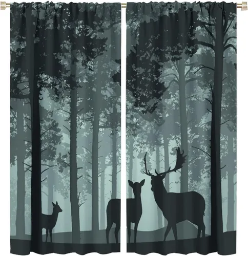 Vista 50 de Cortinas opacas con diseño de ciervos, bosque brumoso, rústico, vida silvestre, alce, montaña, pájaros, pino, bosque, cortinas de ventana