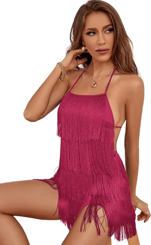 Vista 5 de LYANER Enterizo sexy con flecos y cintura halter con lazo en la espalda, sin mangas
