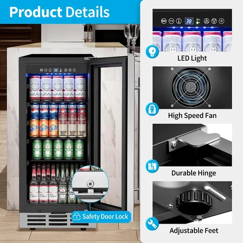 Vista 7 de Feelfunn Refrigerador de bebidas de 15 pulgadas bajo mostrador – Refrigerador de bebidas de 126 latas con puerta de vidrio para cerveza, vino y soda