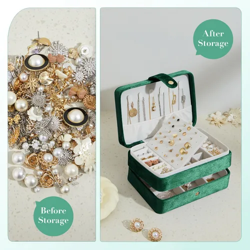 Vista 2 de BUTI4WLD Joyero pequeño de terciopelo para mujeres y niñas, estuche portátil de viaje de doble capa para anillos, colgantes, aretes, collares