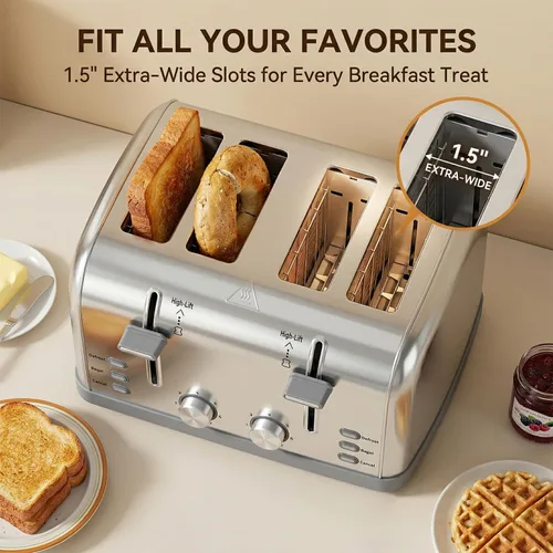 Vista 4 de Tostador retro de 4 rebanadas de acero inoxidable, el mejor tostador Prime de 4 rebanadas con ranura ancha y 7 configuraciones de tostado, perfecto