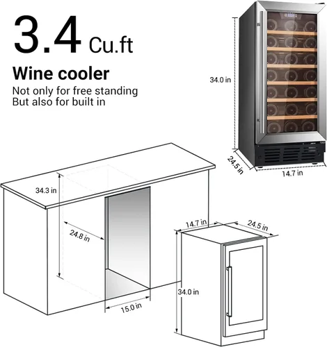 Vista 9 de Enfriador de vino de 15 pulgadas debajo del mostrador, refrigerador de vino integrado de 33 botellas, puerta de vidrio debajo del gabinete, acero