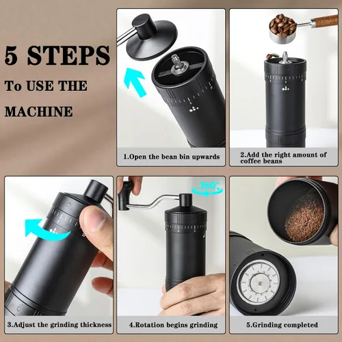 Vista 3 de Molinillo de café manual con rebaba cónica de acero inoxidable de 7 estrellas, molinillo de café portátil con ajuste de molienda ajustable externo