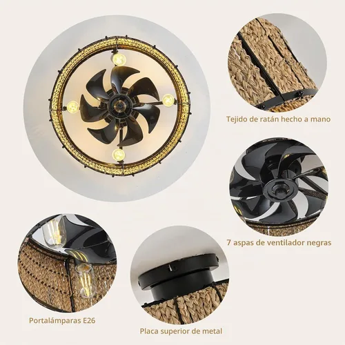 Vista 5 de Ganeed Ventilador de techo bohemio de 20 pulgadas con luz, ventilador de techo enjaulado de ratán tejido a mano con luz y control remoto, ventilador