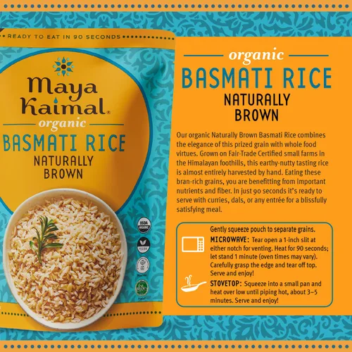 Vista 4 de Maya Kaimal Arroz Basmati orgánico naturalmente marrón, listo para comer, totalmente cocido, vegano, certificado orgánico, sin OMG, sin gluten, 8.5