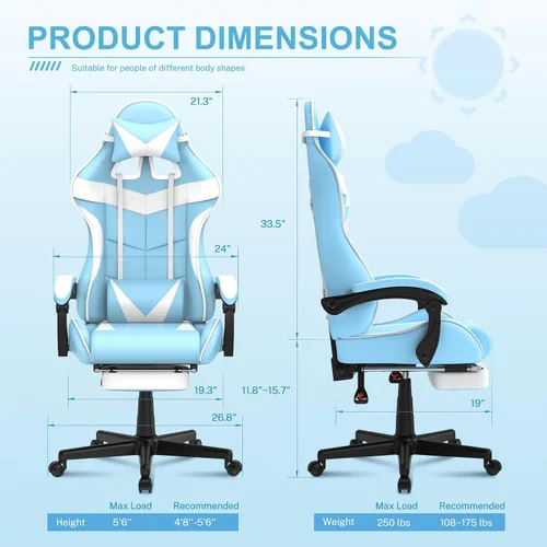Vista 3 de Soontrans Silla de juegos azul claro con reposapiés, bonita silla de videojuegos de conejo, silla de escritorio Kawaii para nieta, hermana, novia