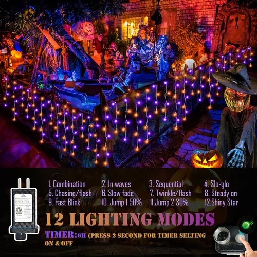 Vista 2 de Luces de Halloween para exteriores de 52 pies, 480 luces LED de Halloween moradas y naranjas, 12 modos de iluminación con temporizador de memoria