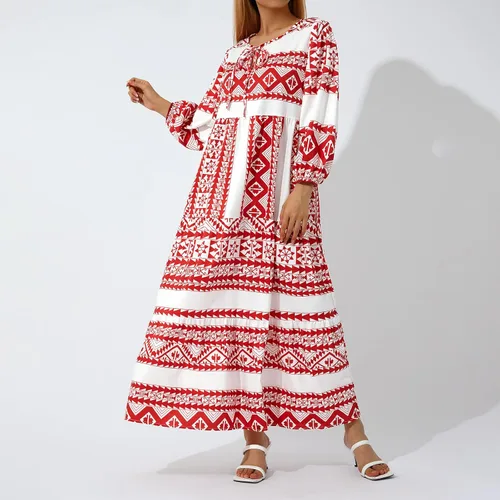 Vista 2 de Bowiln Vestido largo con estampado casual para mujer, con lazo frontal, cuello redondo, manga larga, holgado, talla grande