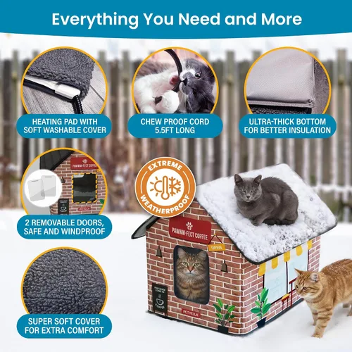 Vista 3 de Casa climatizada de lujo para gatos para invierno - Resistente a la intemperie, aislada, fácil montaje, almohadilla térmica para gatos, puertas