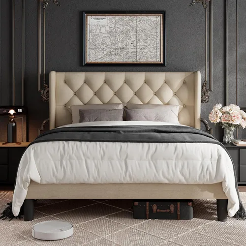 Vista 7 de GalnFu Base de cama tamaño full con cabecera capitoné con botones, base de cama plataforma tapizada con almacenamiento debajo de la cama, soportes