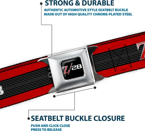 Vista 6 de Buckle-Down Cinturón de seguridad 1969 Camaro Z28 EmblemRayas RojoNegroGrisPlata - 1.5" Ancho - 24-38 pulgadas de largo