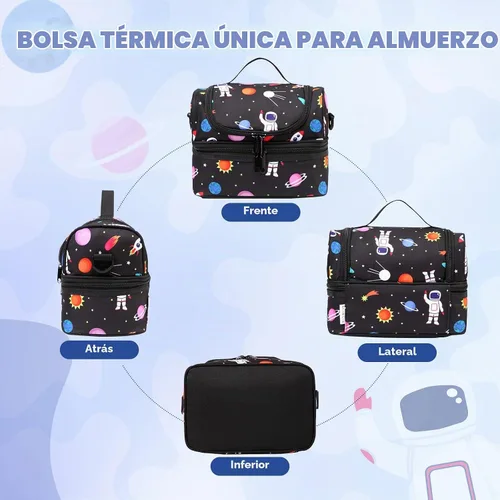 Vista 7 de Chase Chic Bolsa de almuerzo para niños, astronauta negro, poliéster, ligera, bien organizada, a prueba de fugas, 9.4x6.3x6.7 in