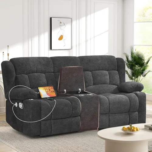 Vista 24 de Juego de sofá reclinable loveseat con 2+1 piezas, 2 plazas estilo minimalista reclinable manual con tirador, loveseat con puertos de carga USB