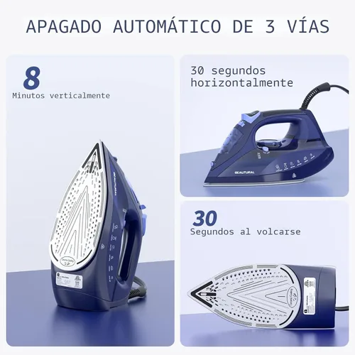 Vista 5 de BEAUTURAL Plancha de vapor para ropa con esfera de termostato de precisión, suela recubierta de cerámica, apagado automático de 3 vías