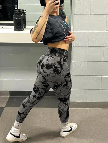 Vista 2 de Rugkey Leggings de levantamiento de glúteos para mujer, teñido anudado, cintura alta, sin costuras, pantalones de yoga para entrenamiento, mallas