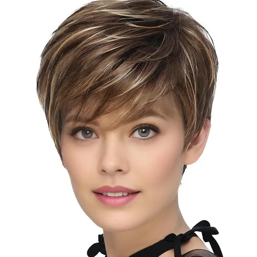 Vista 23 de TISHINING Pelucas rubias cortas en capas para mujeres blancas, longitud de la barbilla, color rubio ceniza, parte lateral, peluca Pixie Bob, cabello