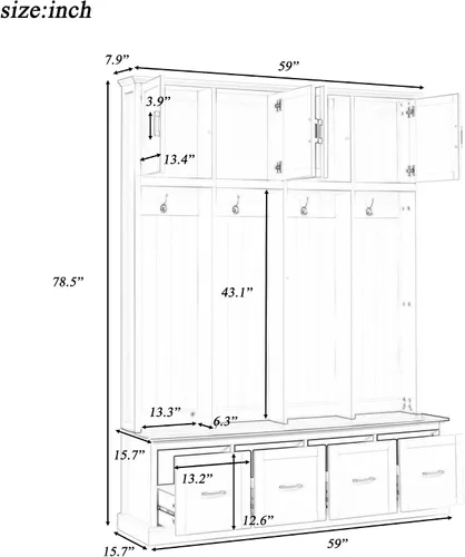 Vista 3 de JIVOIT Farmhouse Wood Hall Tree with Coat Hooks, Cabinets, 4 Drawers, Hooks (Ancient White/ 091)