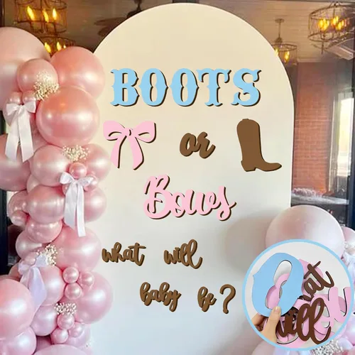 Vista 6 de Adhesivos de madera para señalización de revelación de género, arco de globos "¿Qué será el bebé?", botas o lazos, suministros de decoración
