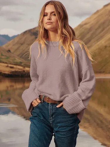 Vista 3 de Prinbara Suéter de gran tamaño para mujer, cuello redondo, manga larga, tejido mullido, grueso, cálido, suéter de moda para invierno 2024, gris