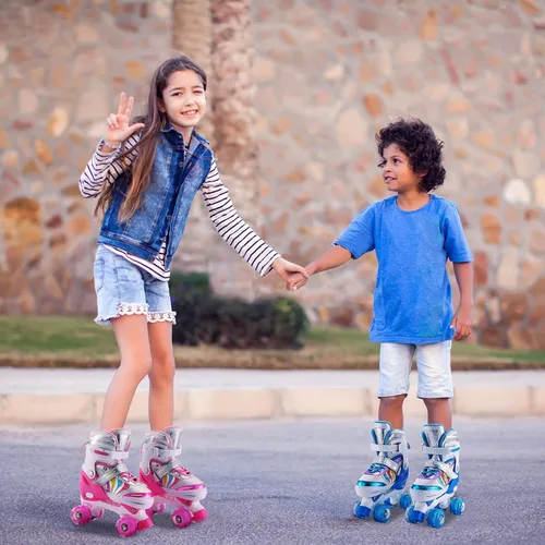 Vista 6 de Patines ajustables para niños y niñas, niños pequeños, jóvenes, color rosa, 4 tamaños, ajustables, para niños y niñas, para tallas 11J hasta