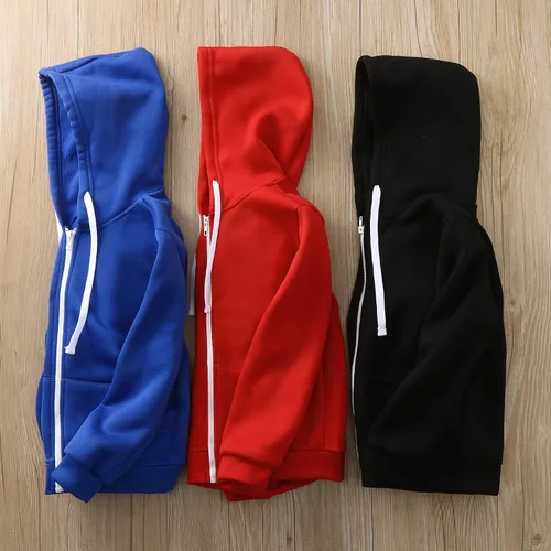 Vista 7 de Sudadera con capucha para niños y niñas, color liso, manga larga, con cremallera, chaquetas para otoño e invierno