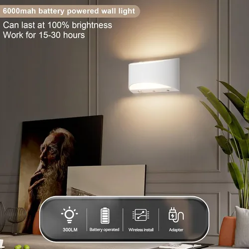 Vista 5 de Aipsun Aplique de pared blanco con pilas, 2 unidades, luces LED de pared recargables USB, luz de pared regulable para interiores para sala de estar