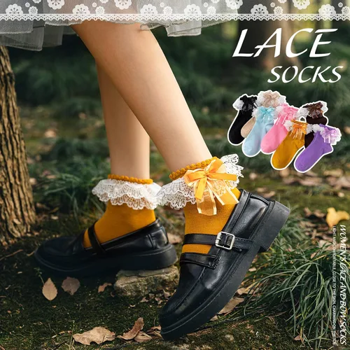 Vista 3 de SEMOHOLLI Calcetines de tobillo para mujer calcetines de encaje con volantes y volantes cómodos calcetines de princesa