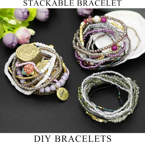 Vista 6 de FINREZIO 3-5 Sets Bohemian Beaded Bracelets for Women Multilayer Stretch Stackable Bracelet Set Multicolor Jewelry