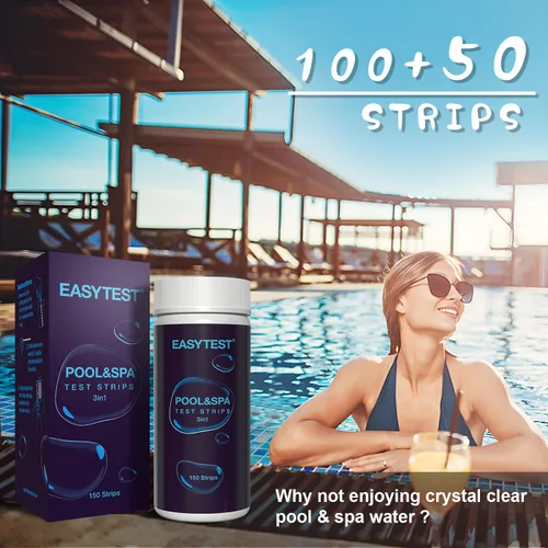 Vista 2 de EASYTEST - Paquete de 150 tiras reactivas para piscinas, spas y jacuzzis; mide pH, alcalinidad total, cloro libre y bromo, kit preciso de 3 en 1