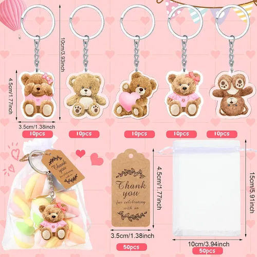 Vista 3 de Wettarn Juego de 50 regalos de oso para baby shower, regalos de fiesta de baby shower, recuerdos de devolución para invitados, incluye llaveros