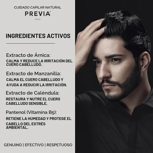 Vista 3 de PREVIA Extralife Champú calmante Fórmula calmante para cuero cabelludo sensible Ingredientes naturales y tensioactivos a base de plantas Sin