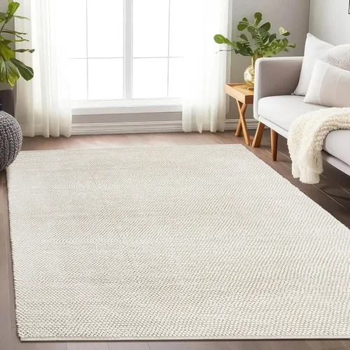 Vista 2 de Savi Home Alfombra de área tejida a mano de mezcla de lana y algodón 4x6', alfombra trenzada con textura tipo palomitas color marfil, alfombra suave