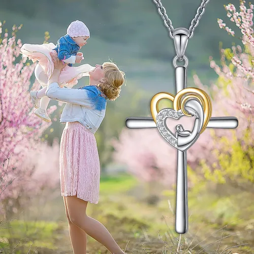 Vista 3 de DAOCHONG Regalo para el Día de la Madre Madre Sosteniendo Niño Plata Esterlina Madre Amor Corazón CZ Colgante Collar para Mujeres Madre Abuela