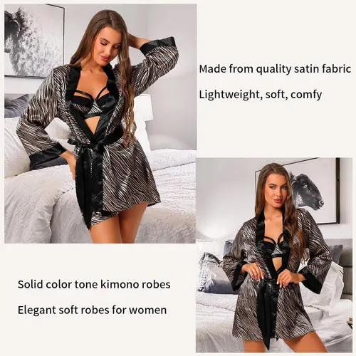 Vista 4 de Foxzone Conjunto de lencería para mujer, 2 piezas, brasier y bragas, bata de satén, ropa de descanso, babydoll