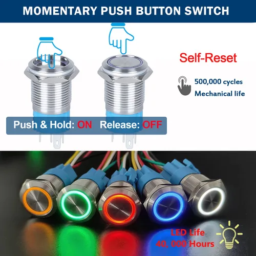 Vista 2 de 2 piezas de interruptor de botón momentáneo de metal de 0.630 in (ON) -Off 12V 24V DC Halo Ring LED iluminado impermeable anti-vandalismo carcasa