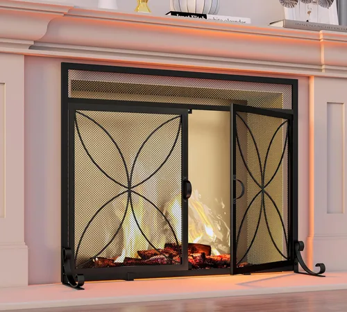 Vista 4 de Fire Beauty Pantalla de chimenea con puertas magnéticas, pantalla de metal grande para el hogar, protector de chispas, incendios de horno de metal
