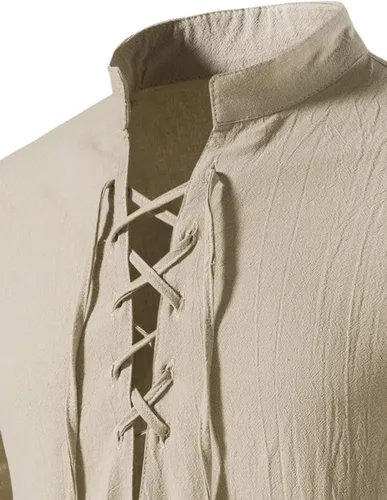Vista 4 de LucMatton Camisas de manga corta de algodón para hombre estilo retro tradicional con cordones para medieval vikingo hippie a juego