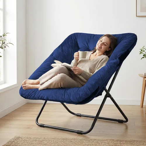 Vista 14 de Grezone Silla plegable con platillo, silla de luna perezosa de gran tamaño con marco de metal, cómodas sillas de dormitorio para dormitorio, sala