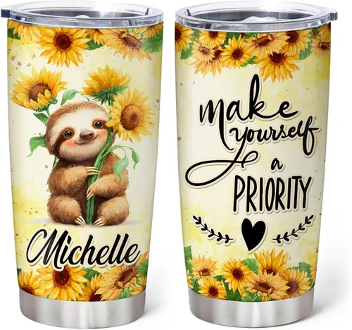 Vista 14 de Hyturtle Regalos personalizados para los amantes de los perezosos, vaso de acero inoxidable con nombre personalizado de 20 onzas con tapa, idea