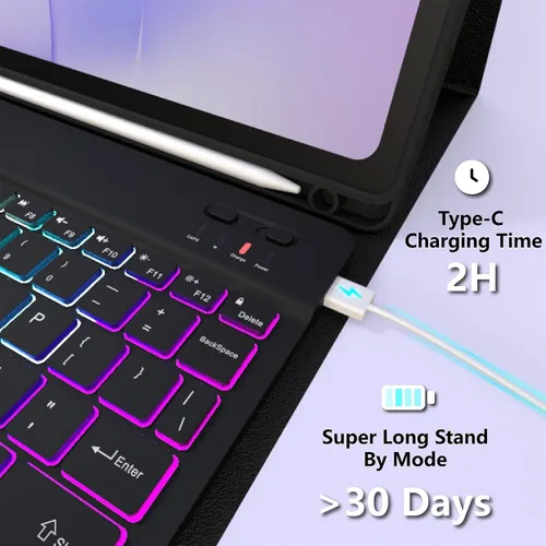 Vista 4 de Funda de teclado para Samsung Galaxy Tab S6 Lite de 10.4 pulgadas (SM-P620/P625/P613/P619/P615/P610), funda para tableta con retroiluminación de 7