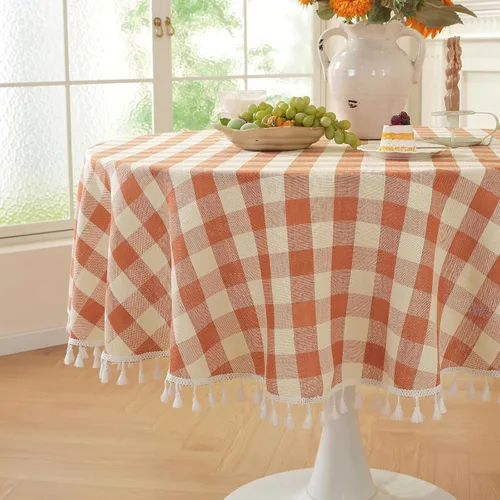 Vista 21 de Laolitou Mantel redondo a cuadros verde, de lino y algodón, con borla, a cuadros de búfalo, lavable, mantel de gingham para sala de estar